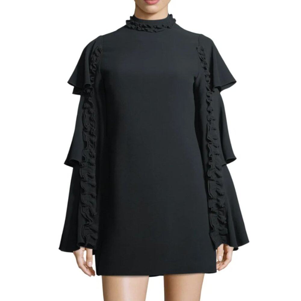 Alexis Black Marianne Tiered Bell-Sleeve Crepe Mini Dress Ruffled Trim Size M